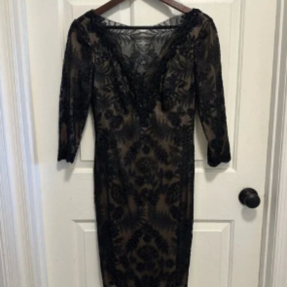 Tadashi Shoji Zuri Black Lace Illusion Sheath Dress Size 4 - Picture 1 of 6